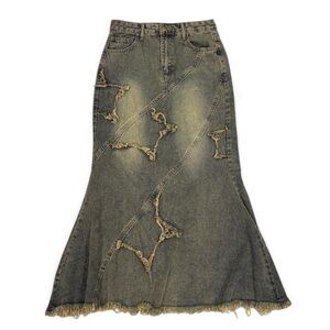 Romwe distressed star denim maxi skirt